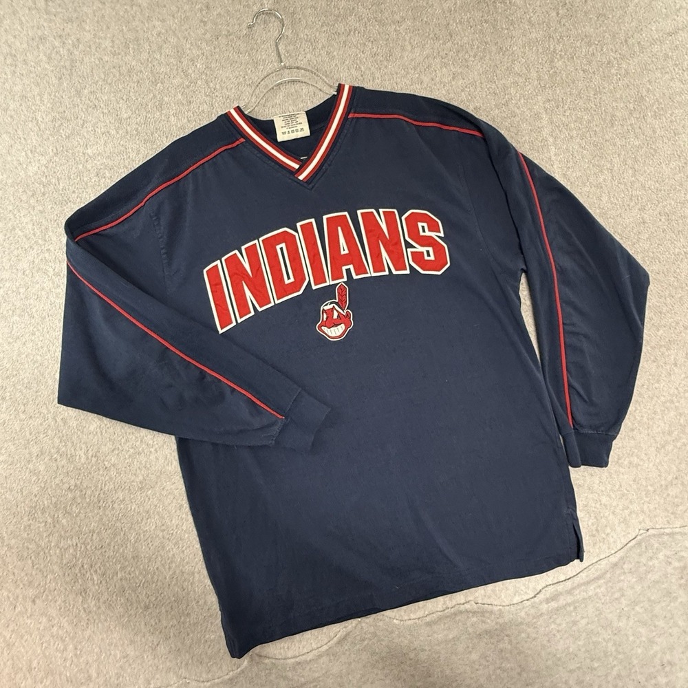 Vintage Cleveland Indians Long Sleeve Navy Cotton Graphic Tee Lee Sport L 90s